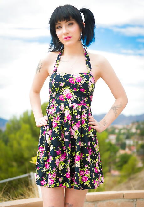 Very attractive american babe Charlotte Sartre exposes small tits and masturbates outdoor